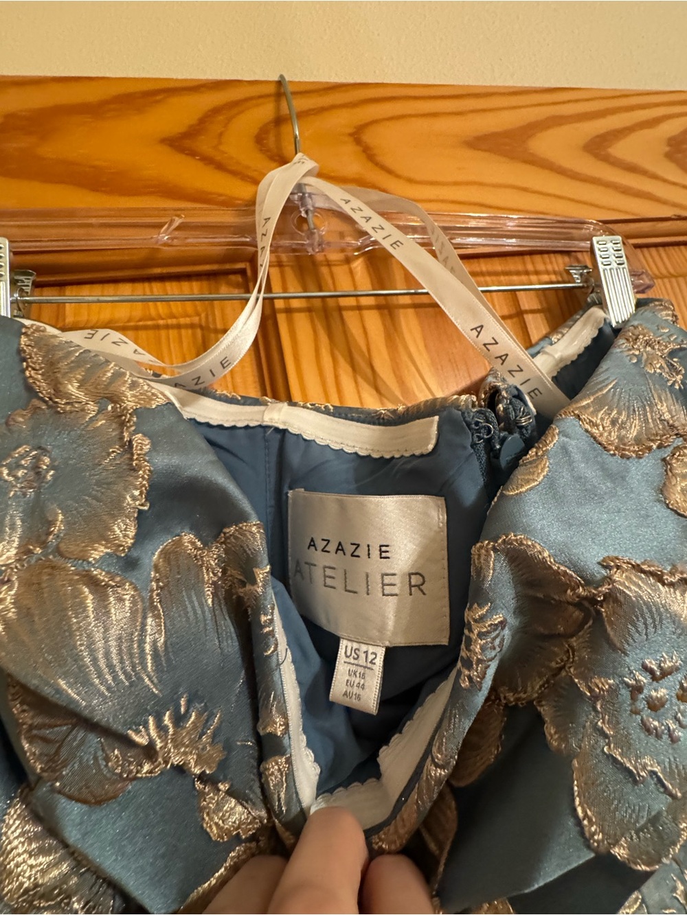 Azazie Blue and Gold Floral A-Line dress - Picture 3 of 6
